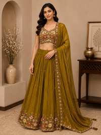 Olive Green Silk Embroidered Lehenga Set with Designer Blouse & Dupatta