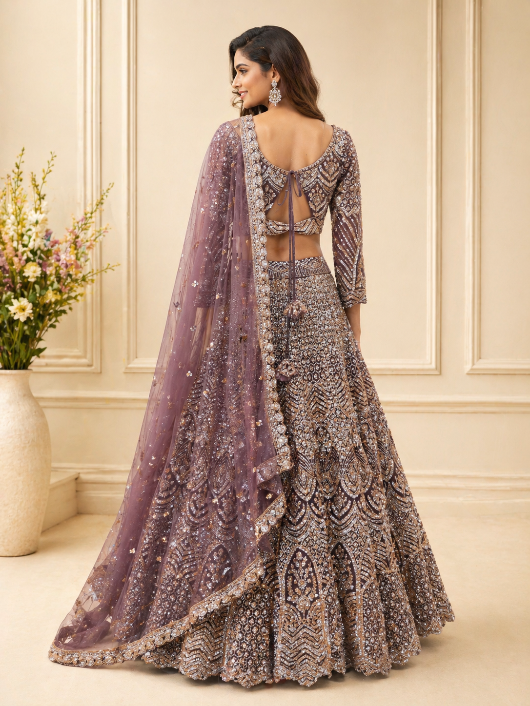Women's Mauve & Silver Heavy Embroidered Net Lehenga Choli with Dupatta