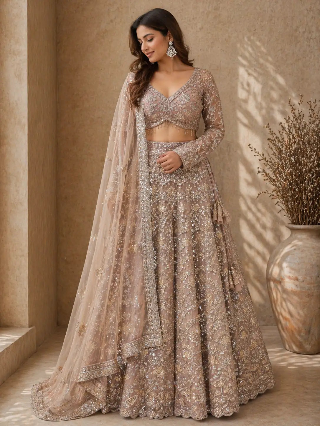 Beige Net Embroidered Bridal Lehenga Set