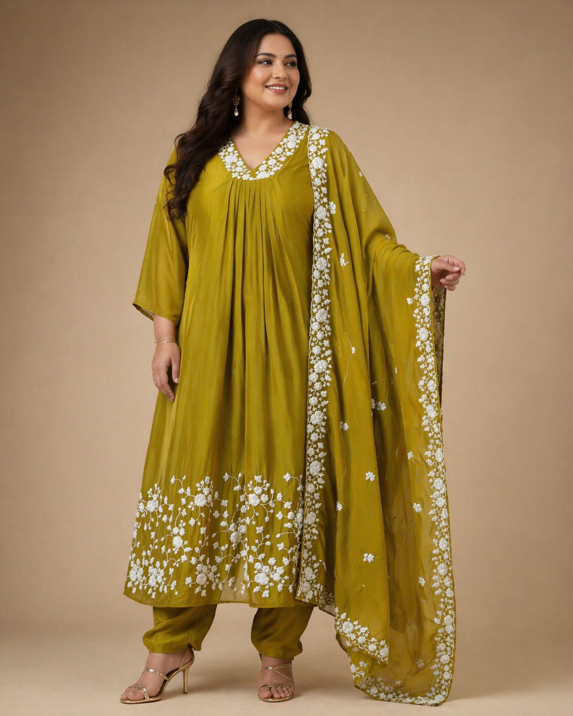 Olive Green Floral Embroidered Silk Anarkali Kurta Set with Dupatta
