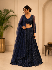 Midnight Navy Blue Embroidered Lehenga Choli Set with Net Dupatta