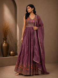 Premium Silk Floral Embroidered Anarkali Suit Set with Dupatta – Dusty Mauve