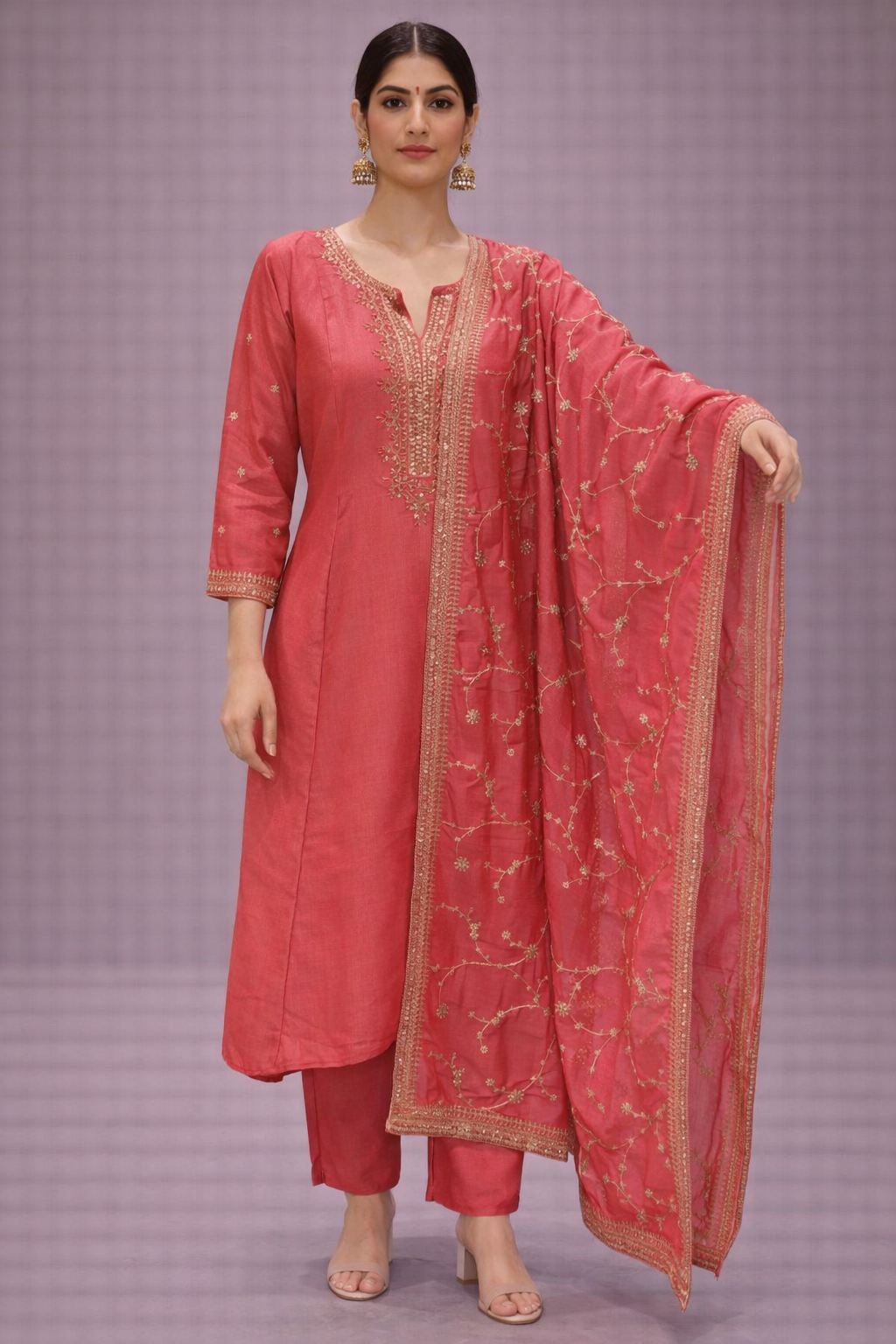 Coral Pink Silk Embroidered Kurta Pant Set with Dupatta