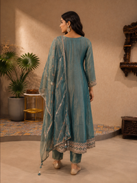 Sea Green Tissue Silk Embroidered Straight Cut Suit Set with Dupatta