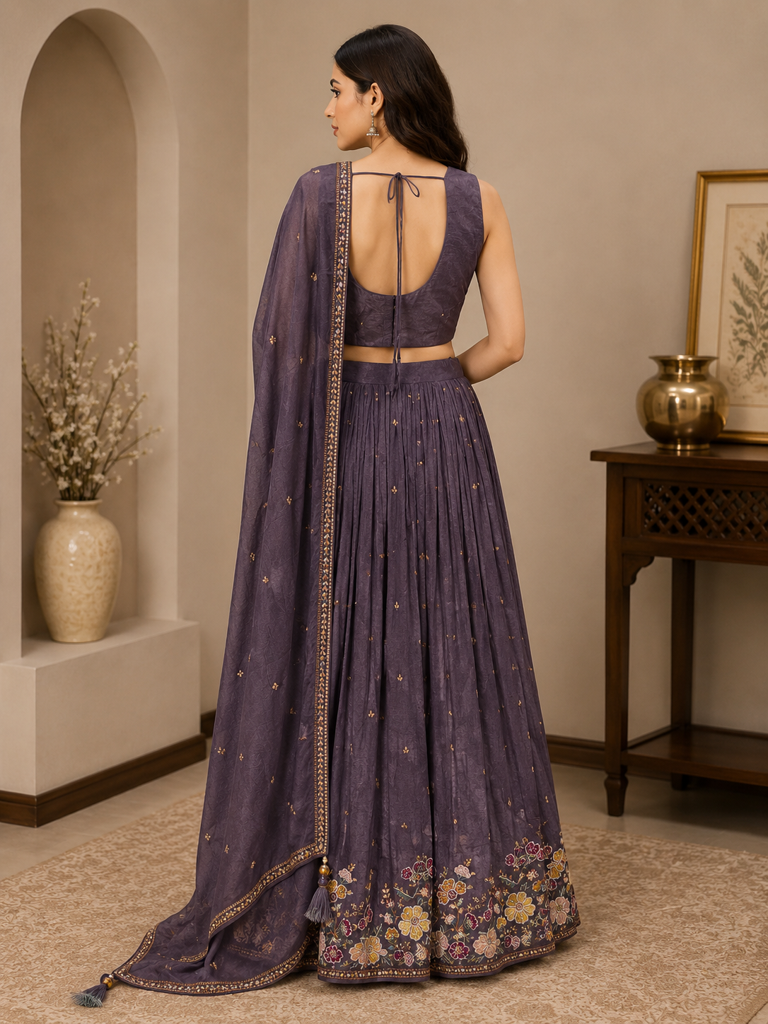 Royal Mauve Silk Embroidered Lehenga Set with Designer Blouse & Dupatta