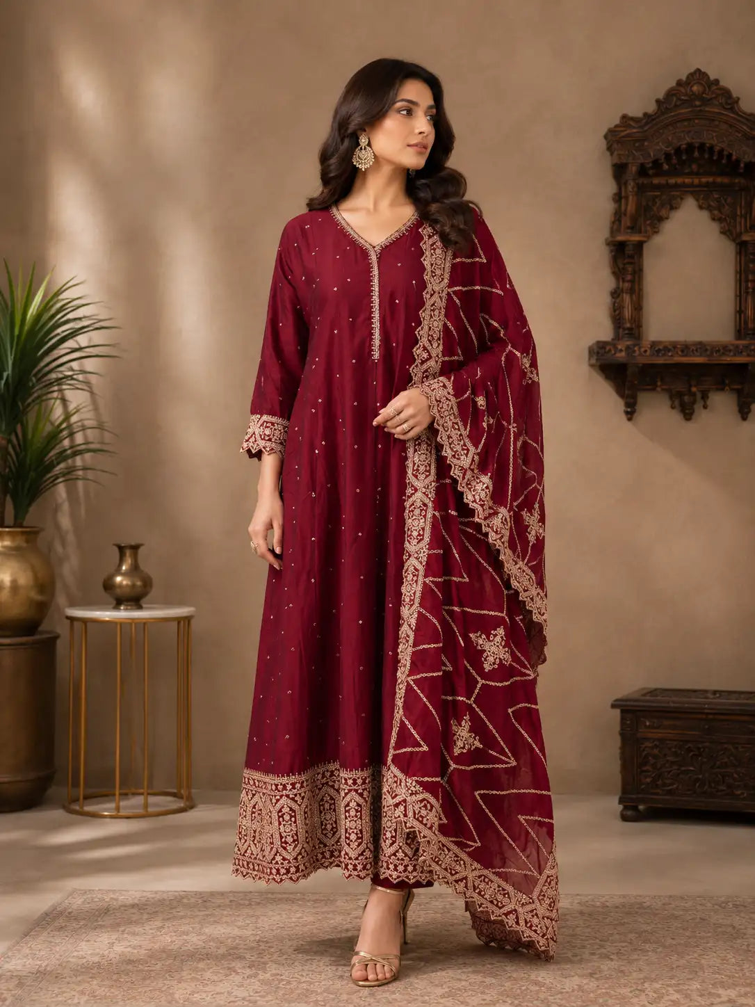 Wine Embroidered Anarkali Suit Set