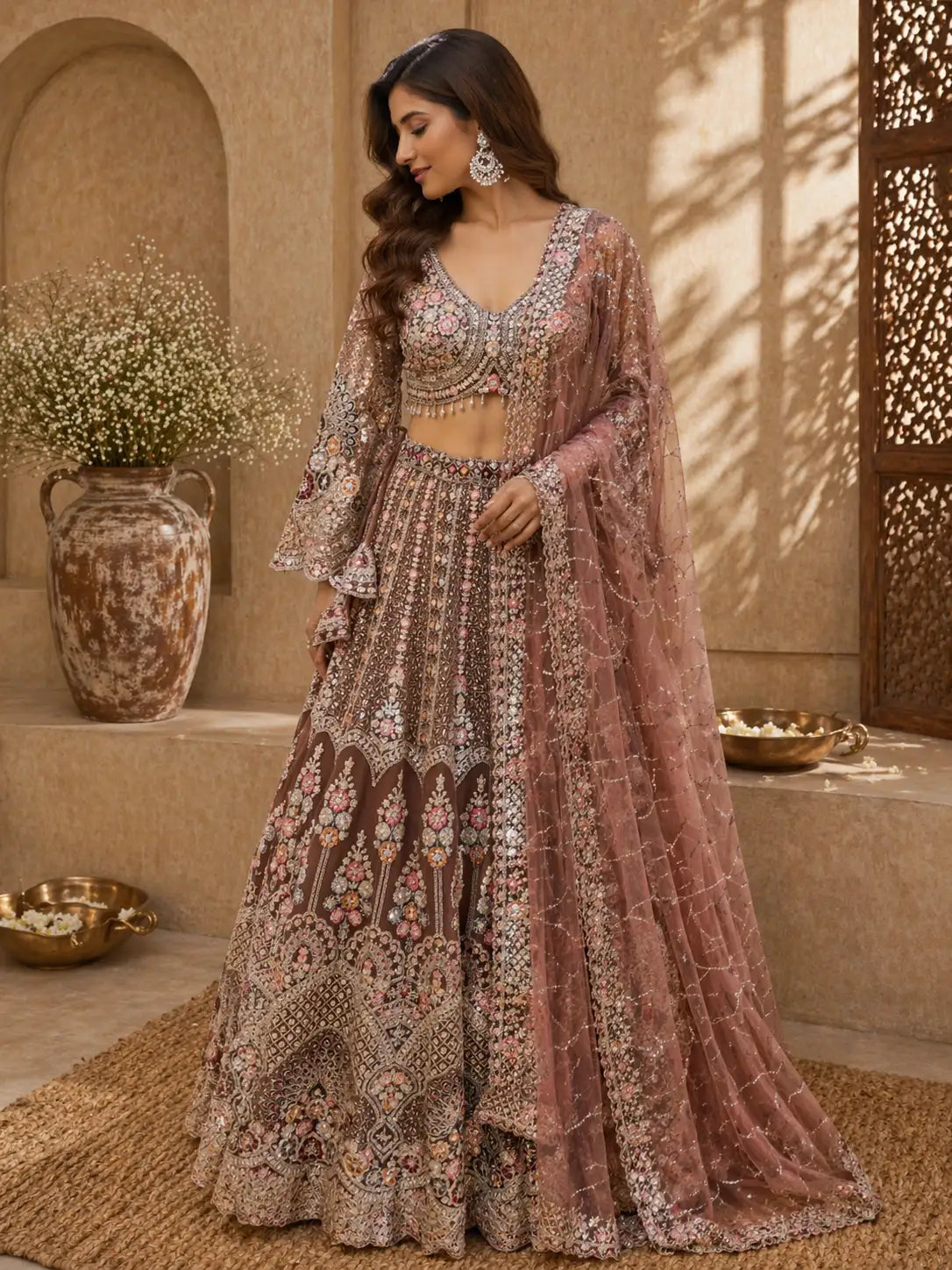 Brown Floral Embroidered Net Lehenga Set