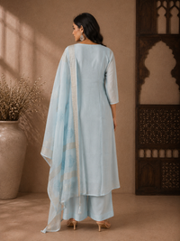 Elegant Sky Blue Mul Chanderi Straight Suit Set with Embroidered Dupatta