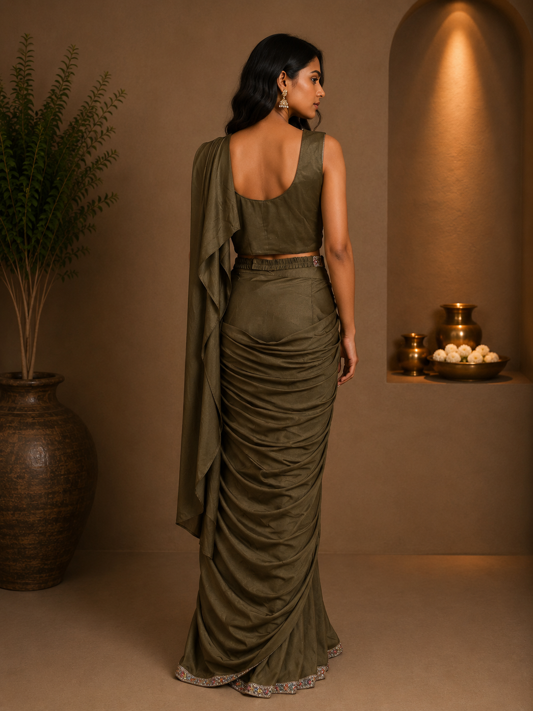 Olive Green Lycra Designer Saree with Heavy Embroidered Blouse