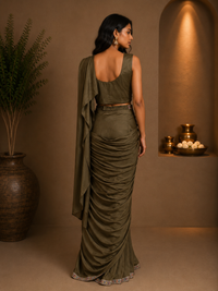Olive Green Lycra Designer Saree with Heavy Embroidered Blouse