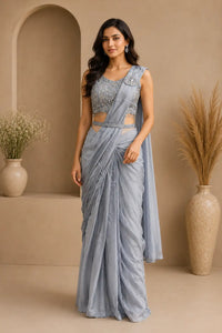 Dusty Blue Designer Draped Saree with Embroidered Blouse