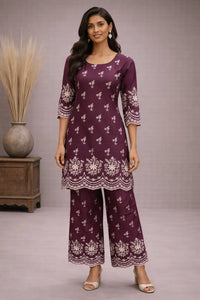Women's Wine Embroidered Cotton Satin Kurta Palazzo Set