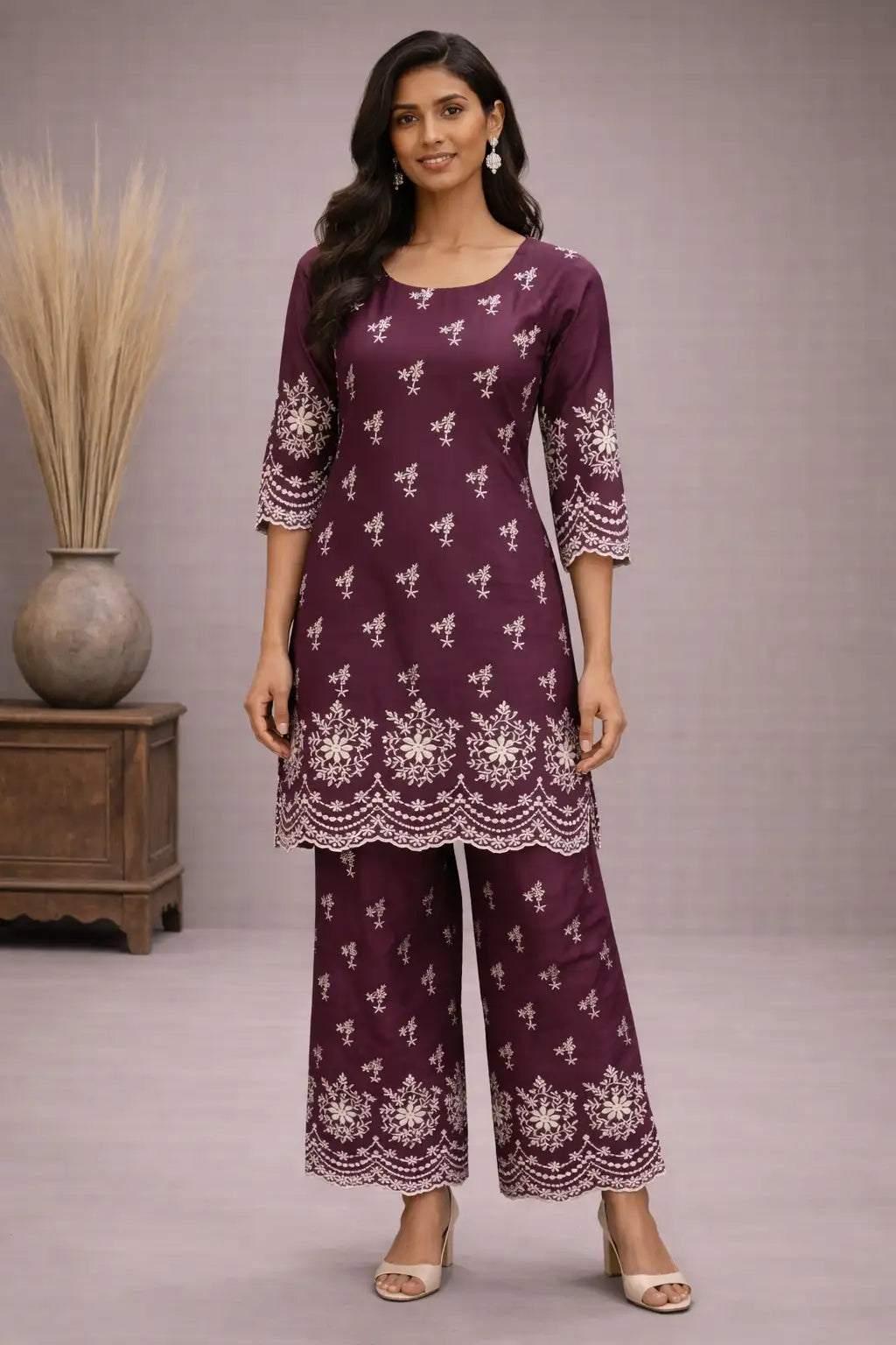 Women's Wine Embroidered Cotton Satin Kurta Palazzo Set