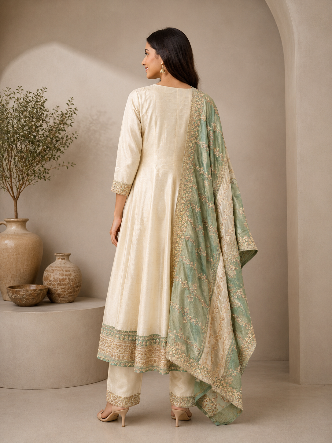 Ivory Vichitra Silk Designer Anarkali Suit with Embroidered Dupatta