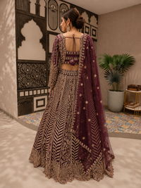 Wine Purple Embroidered Bridal Lehenga Set with Net Dupatta
