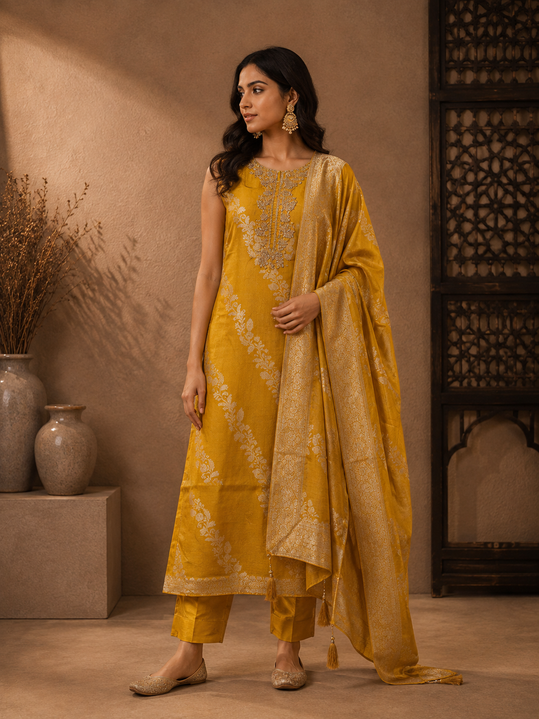 Mustard Yellow Banarasi Silk Embroidered Kurta Set with Woven Dupatta