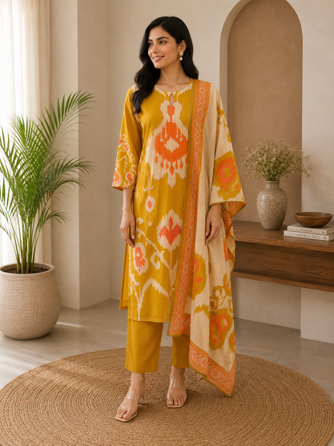 Women's Ikkat Print Chanderi Silk Kurta Pant Set with Dupatta