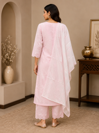Blush Pink Cotton Floral Embroidered Kurta Pant Set with Dupatta