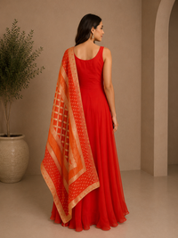 Orange Geogrette Designer Anarkali Gown with Embroidered Dupatta