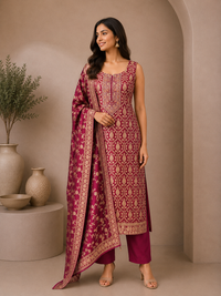 Magenta Brocade Silk Designer Suit Set with Golden Zari Embroidery & Matching Dupatta
