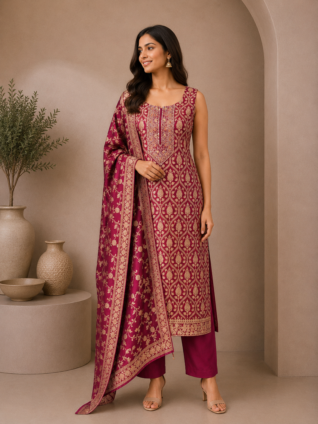 Magenta Brocade Silk Designer Suit Set with Golden Zari Embroidery & Matching Dupatta