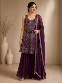 Premium Silk Embroidered Kurta Set with Flared Sharara & Organza Dupatta – Plum Purple