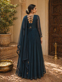 Deep Teal Silk Anarkali Gown with Embroidered Bodice & Dupatta | Wedding & Evening Wear