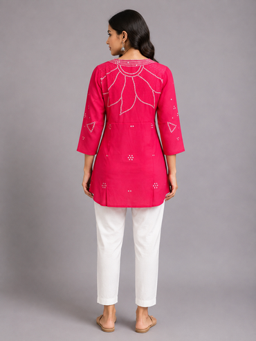 Rani Pink Embellished Silk Short Kurta
