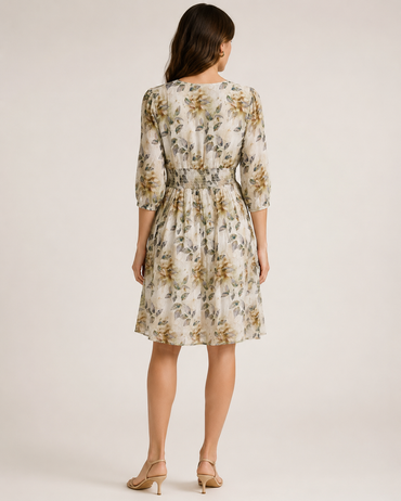 Imported Lycra Olive Floral Print Fit & Flare Midi Dress