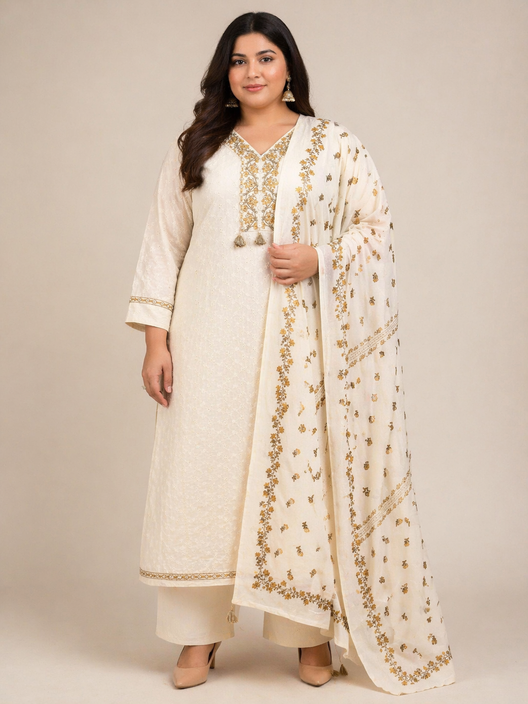 Elegant Off-White Embroidered Cotton Kurta Set with Dupatta (Plus Size Friendly)