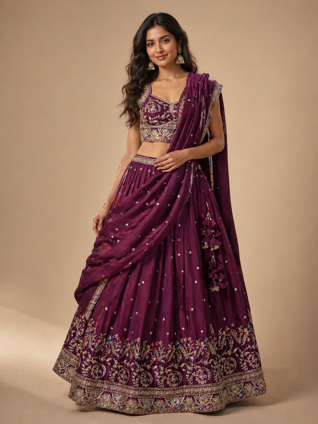 Wine Embroidered Lehenga Set with Dupatta | Wedding & Festive Wear