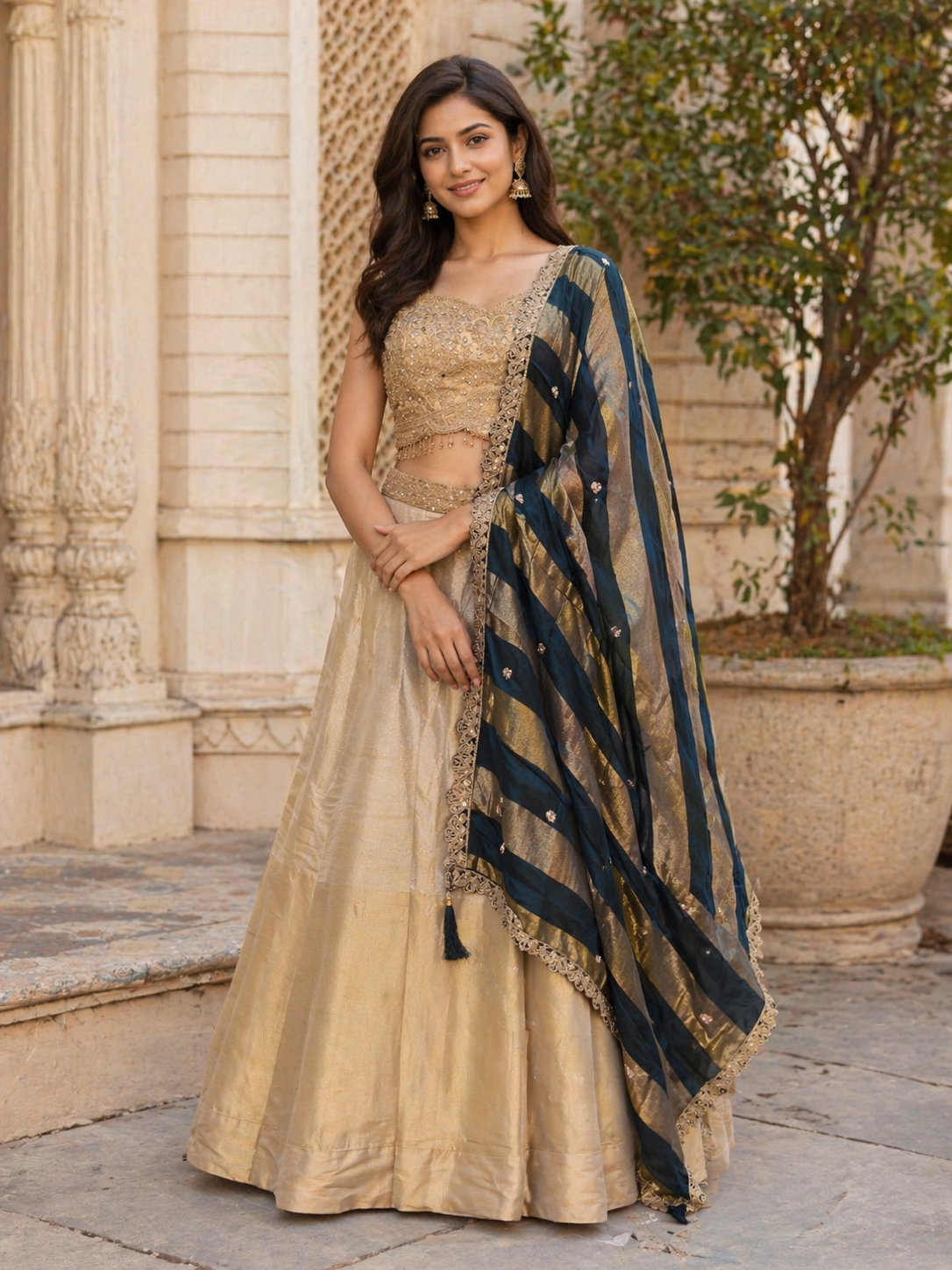 Gold Silk Lehenga Set with Embroidered Blouse & Contrast Striped Dupatta | Wedding Wear