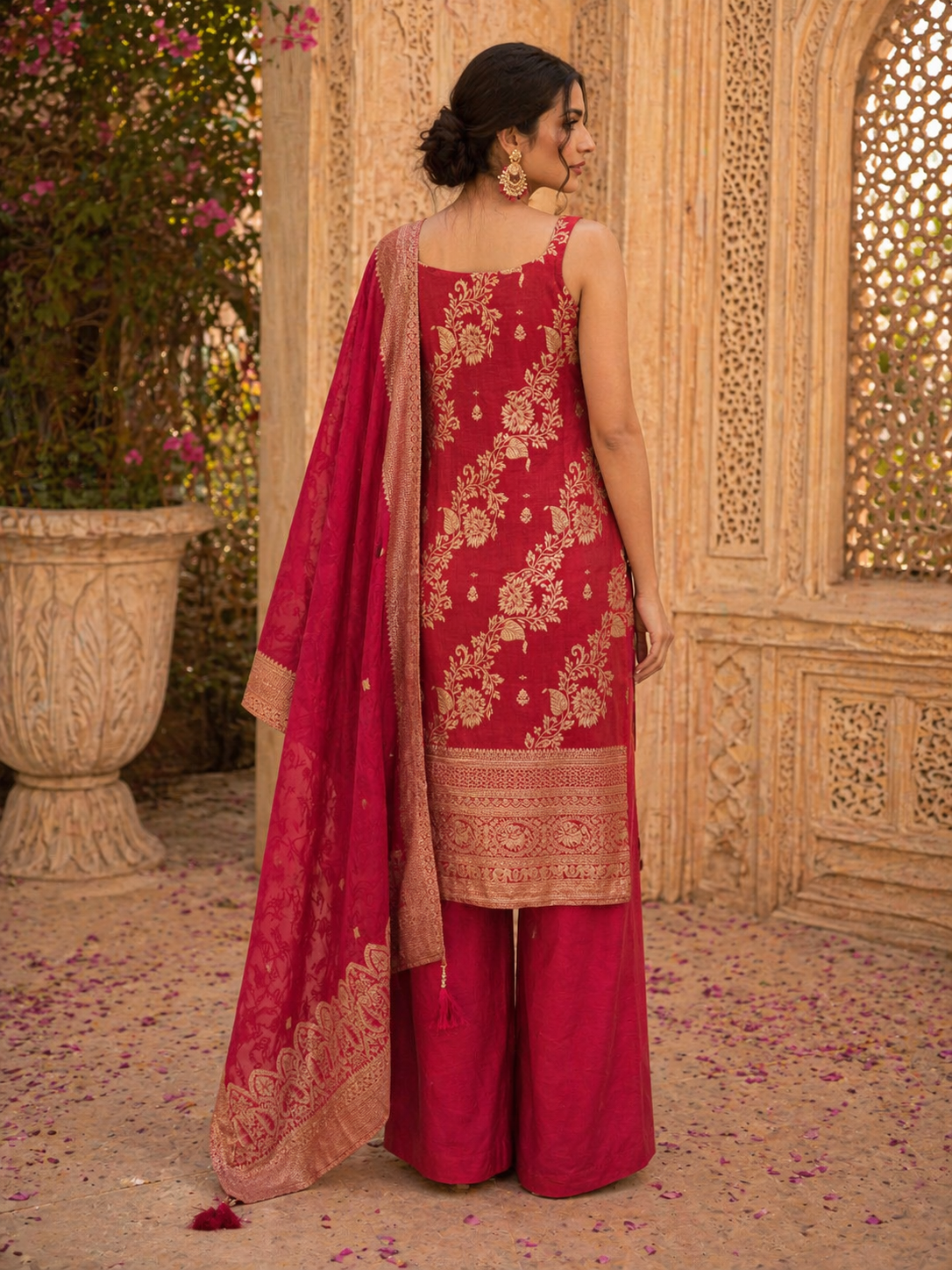 Crimson Red Tissue Silk Kurta Set with Palazzo & Zari Dupatta | Wedding & Festive Wear