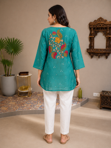 Teal Turquoise Printed Silk Short Kurta