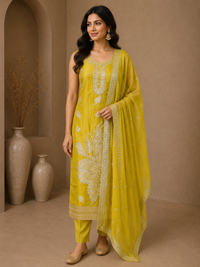 Premium Silk Embroidered Straight Suit Set with Embellished Organza Dupatta – Mustard Yellow