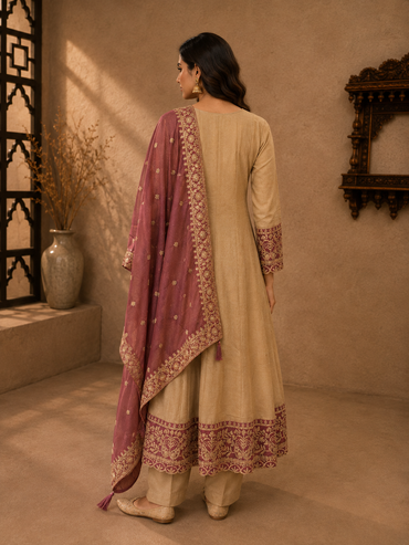 Beige & Mauve Vichitra Silk Embroidered Kurta Set with Dupatta