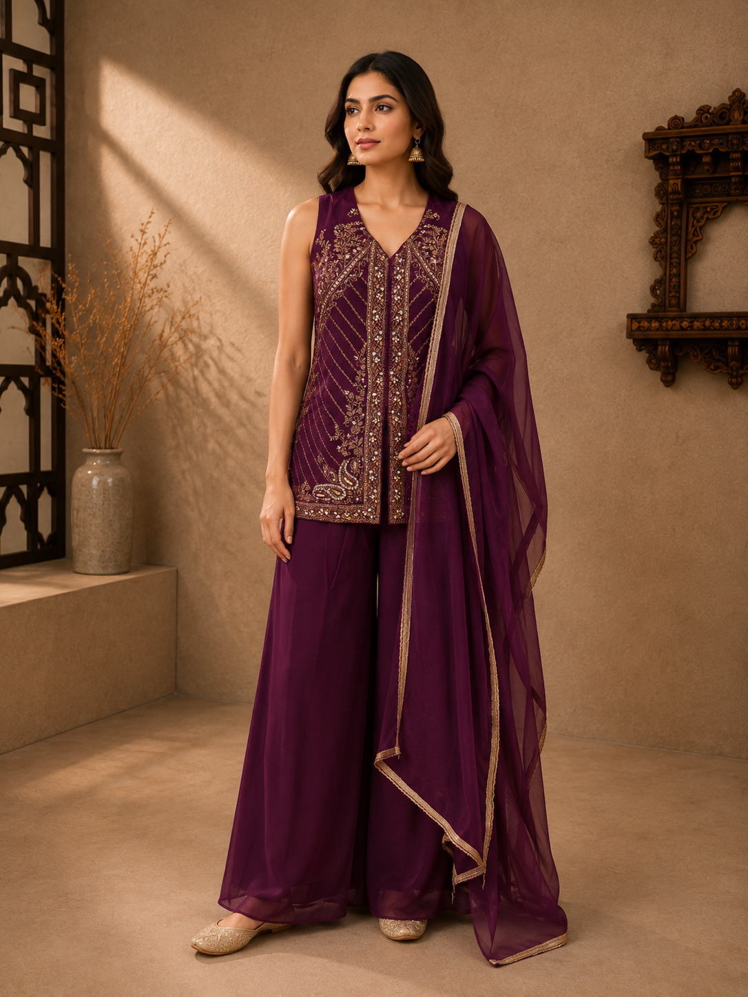 Royal Purple Silk Embroidered Sleeveless Kurta Set with Palazzo & Dupatta