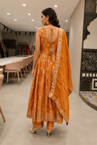 Mustard Orange Anarkali Suit Set with Embroidered Dupatta