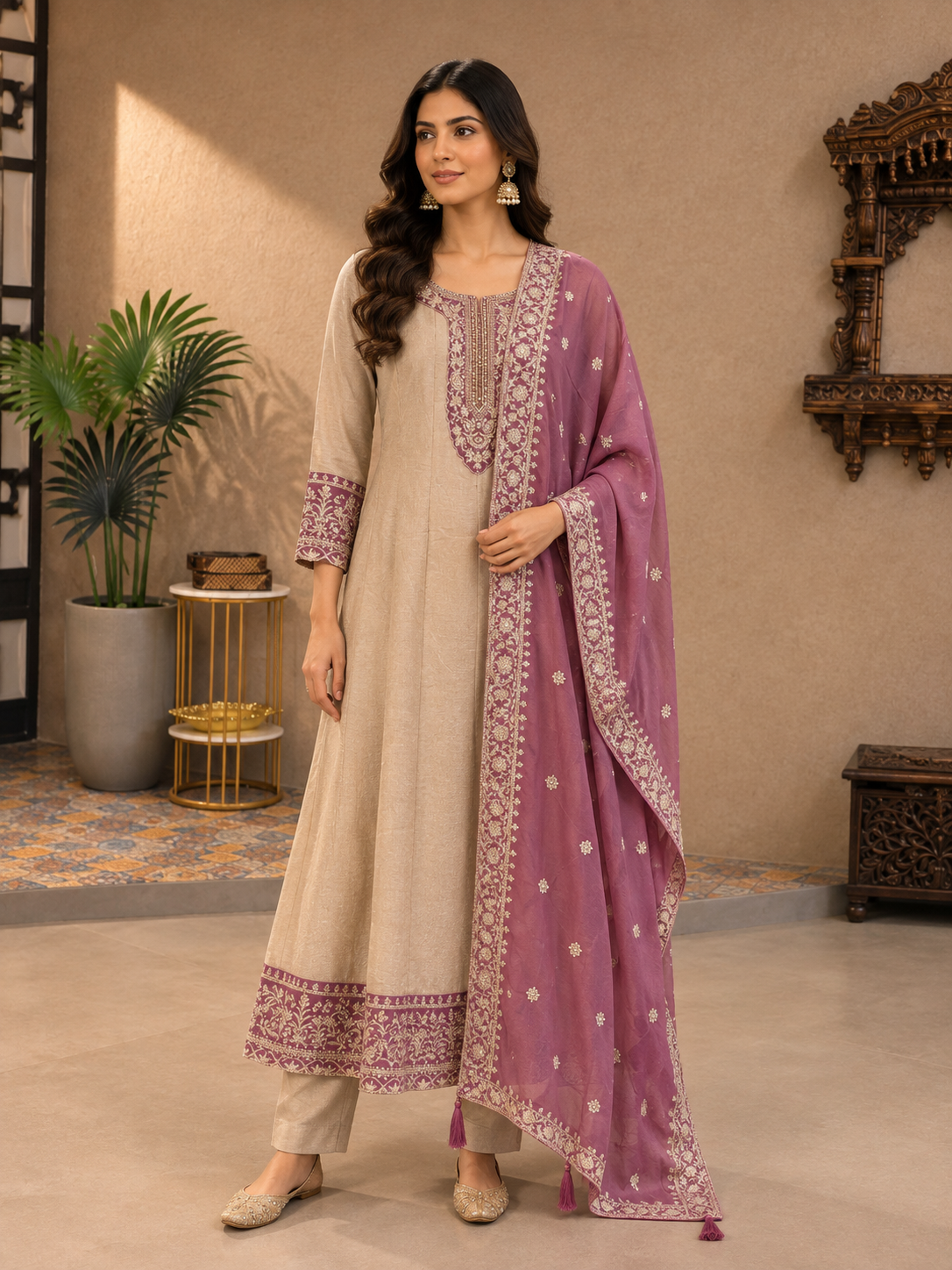 Beige & Mauve Vichitra Silk Embroidered Kurta Set with Dupatta