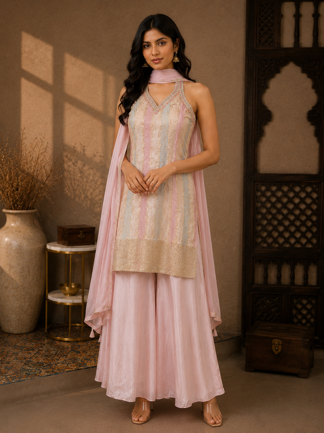 Premium Silk Kurta Set with Flared Palazzo & Organza Dupatta – Blush Pink