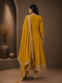 Premium Vichitra Silk Anarkali Suit Set with Embroidered Dupatta – Mustard Gold