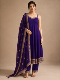 Premium Silk Anarkali Suit Set with Embroidered Organza Dupatta – Royal Purple