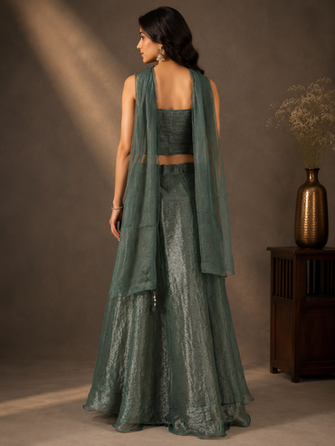 Deep Sage Green Crushed Tissue Silk Lehenga Set with Embroidered Corset Blouse