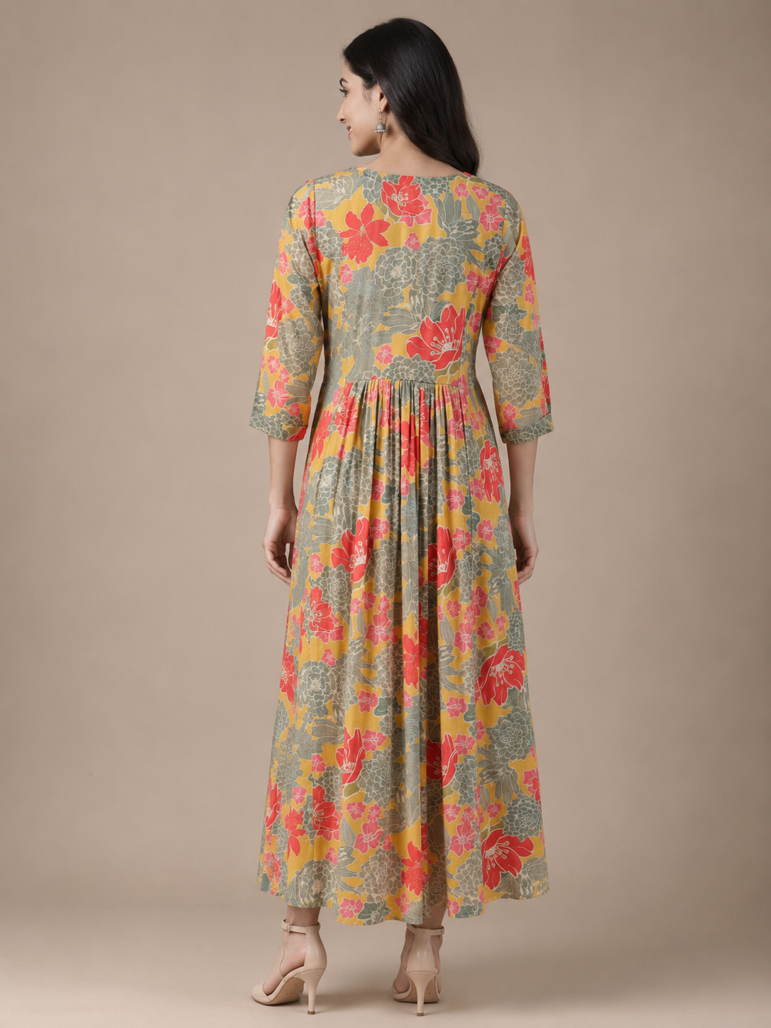 Mustard Floral Imported Lycra A-Line Maxi Dress