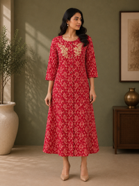 Red Muslin Silk Ethnic Printed A-Line Dress for Women
