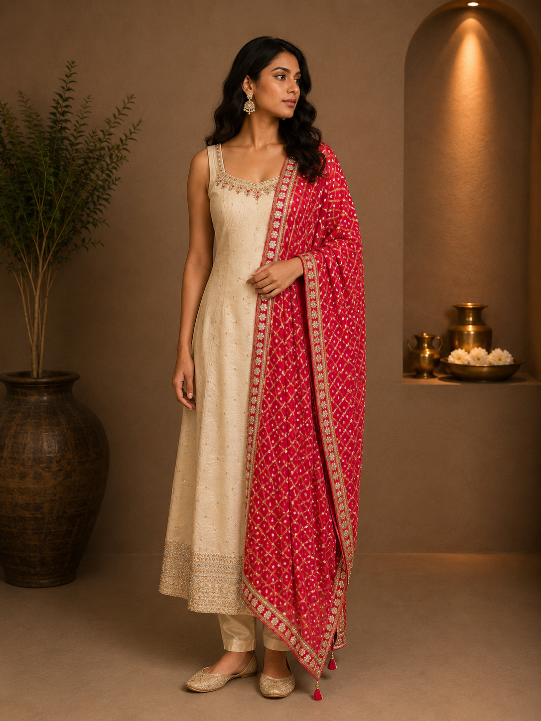 Cream Silk Designer Suit with Pink Embroidered Dupatta