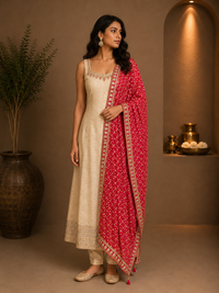 Cream Silk Designer Suit with Pink Embroidered Dupatta