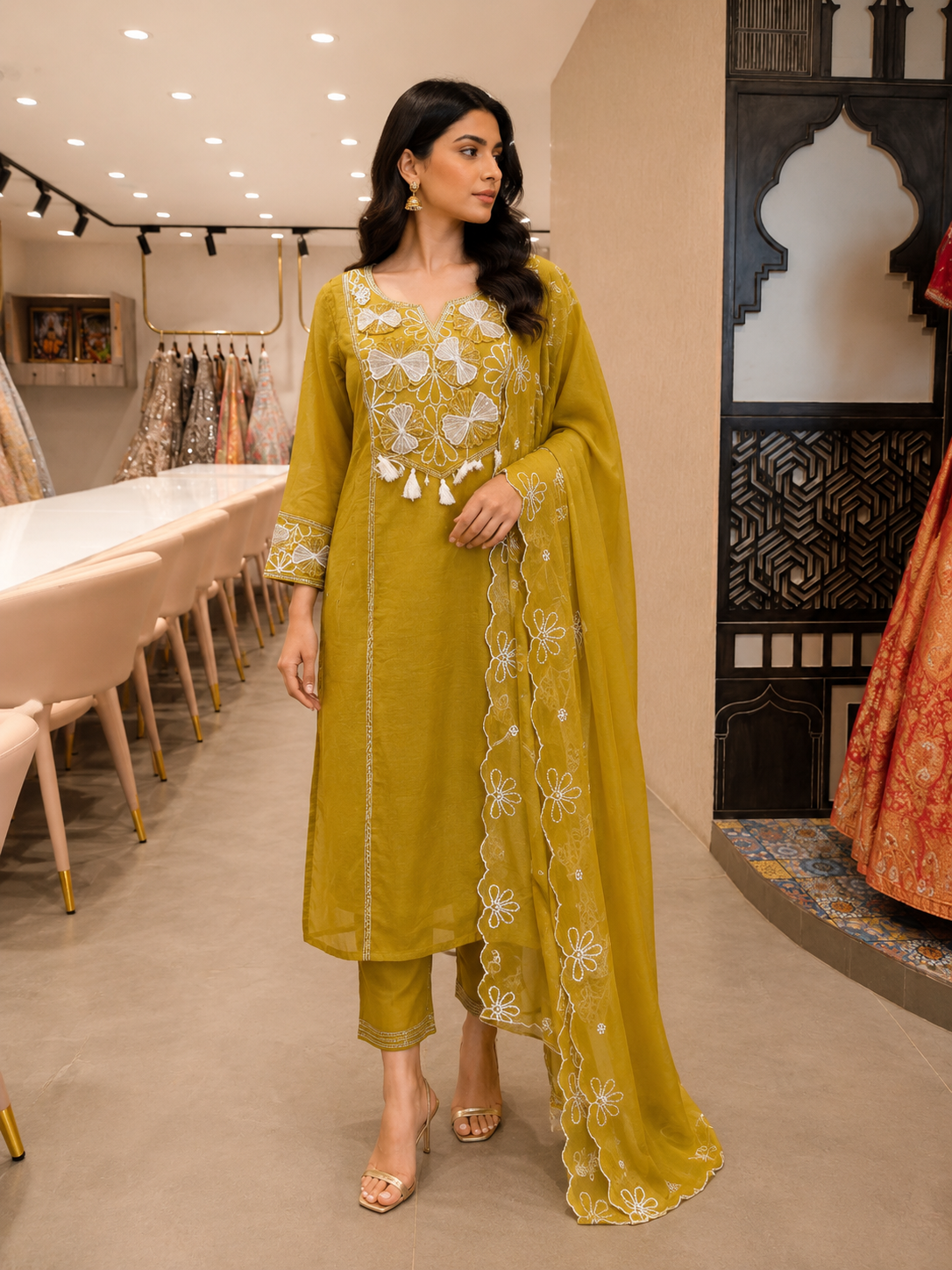 Olive Green Mul Chanderi Embroidered Kurta Set