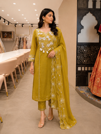 Olive Green Mul Chanderi Embroidered Kurta Set