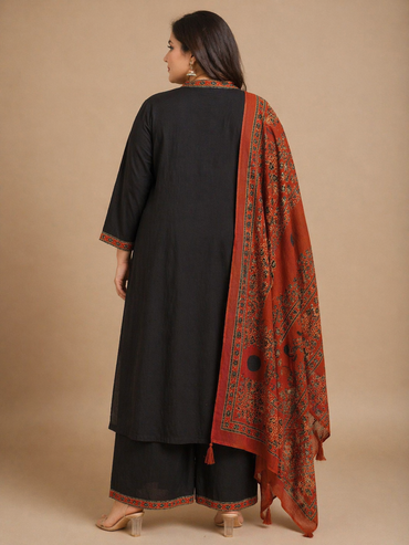 Black & Red Printed Cotton Kurta Set with Dupatta (Plus Size Friendly)